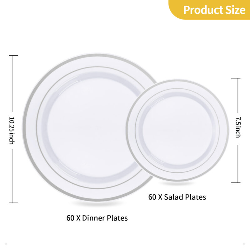 10.25& 7.5 White Silver Rim Plates Sets 1