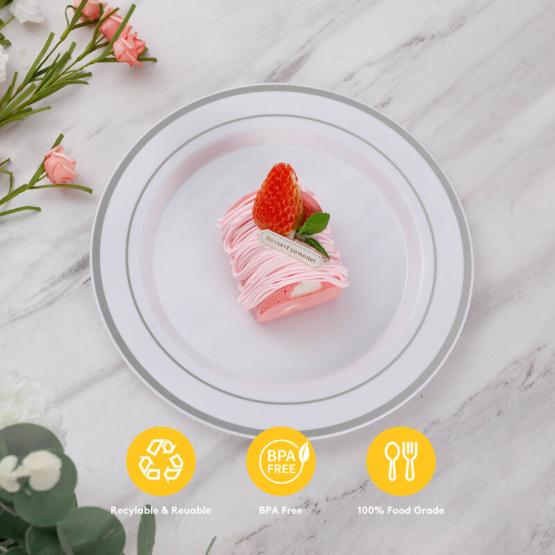 10.25& 7.5 White Silver Rim Plates Sets 2