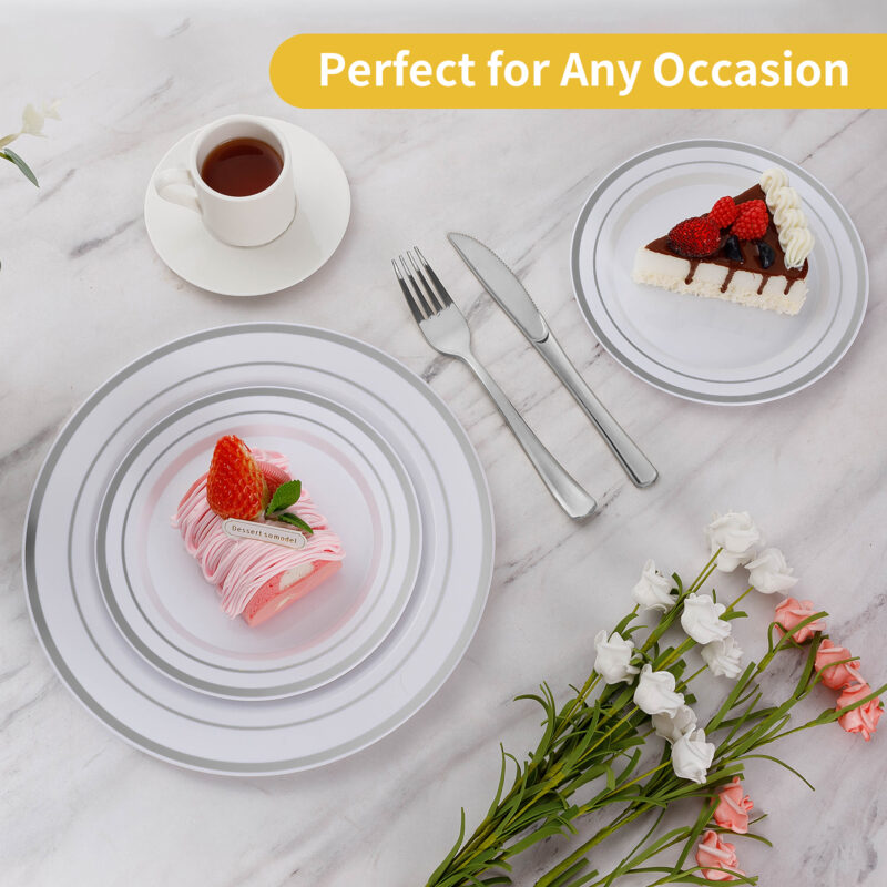 10.25& 7.5 White Silver Rim Plates Sets 4