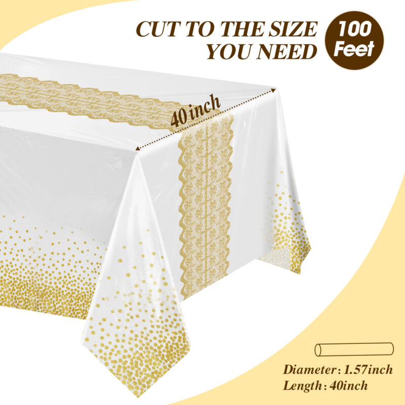100ft White Gold Plastic Table Cover Roll 1