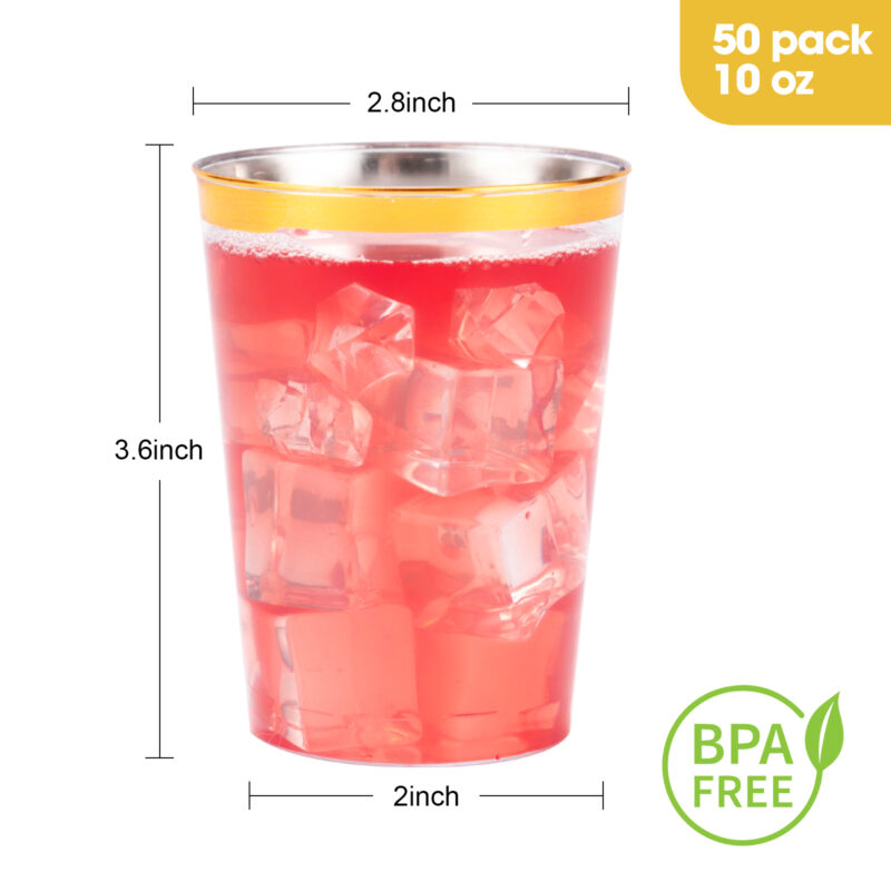 10oz Gold Plastic Cups with Gold Rim set