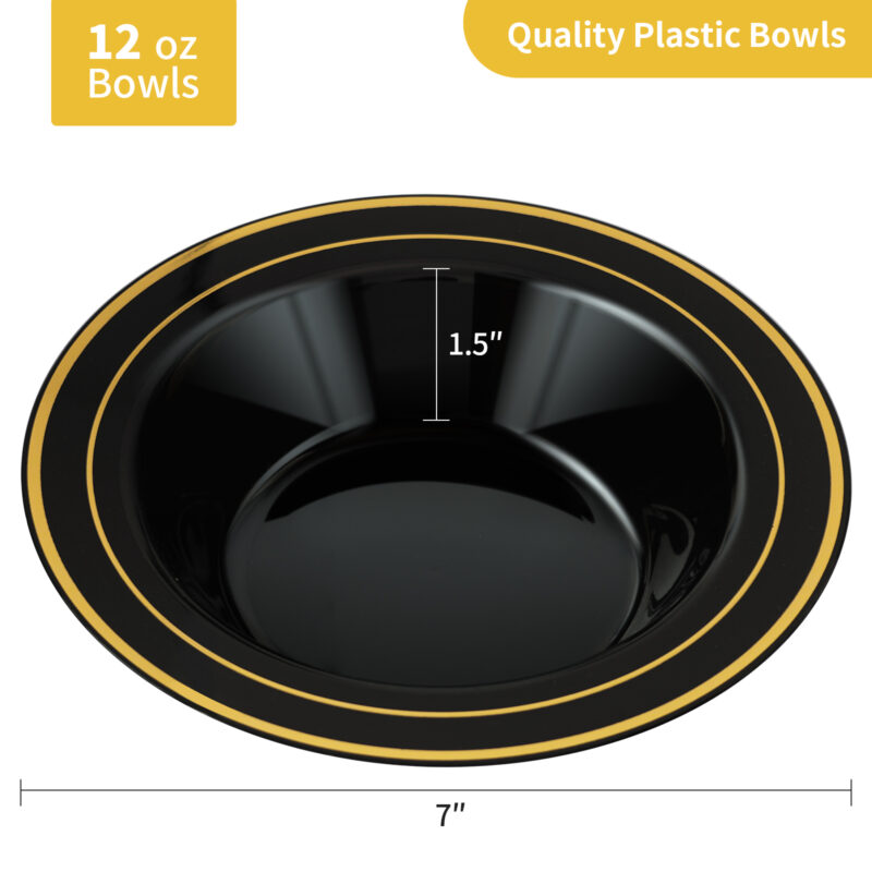 12oz Black Plastic Soup Bowls with Gold Rim 1