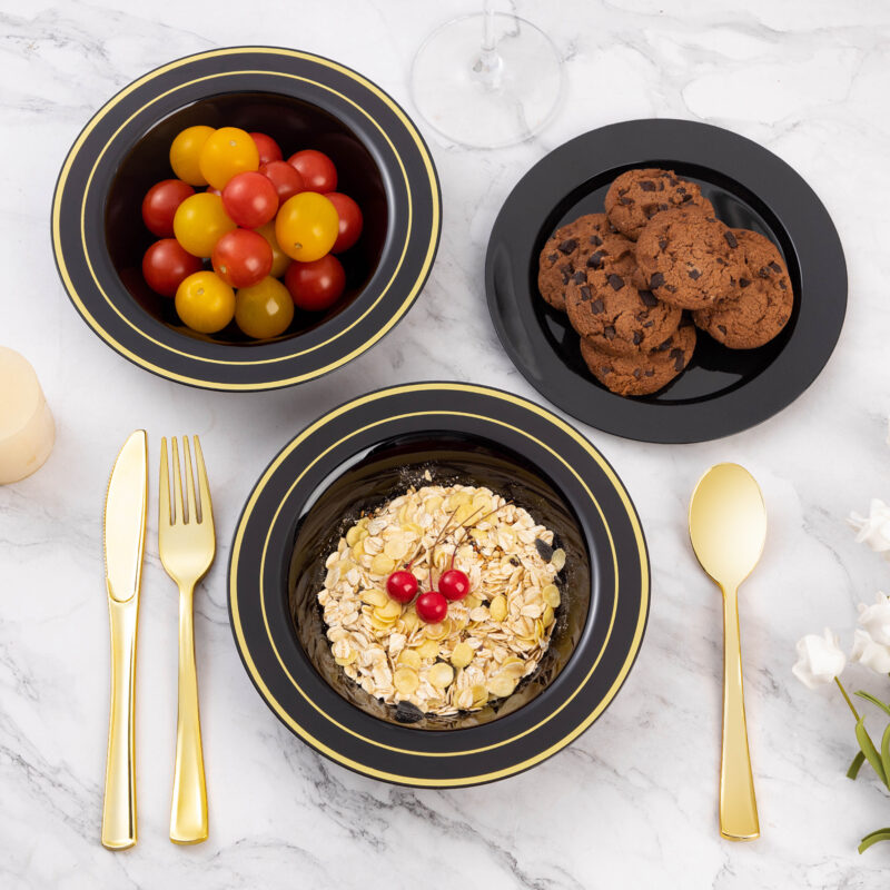 12oz Black Plastic Soup Bowls with Gold Rim 2