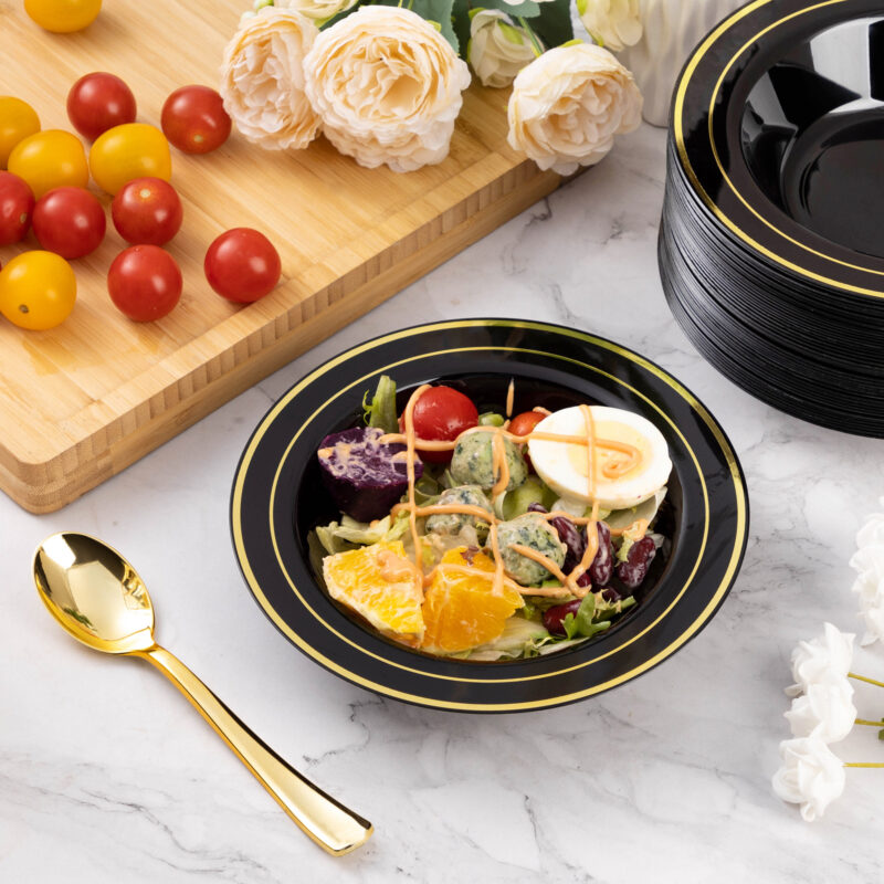 12oz Black Plastic Soup Bowls with Gold Rim 3