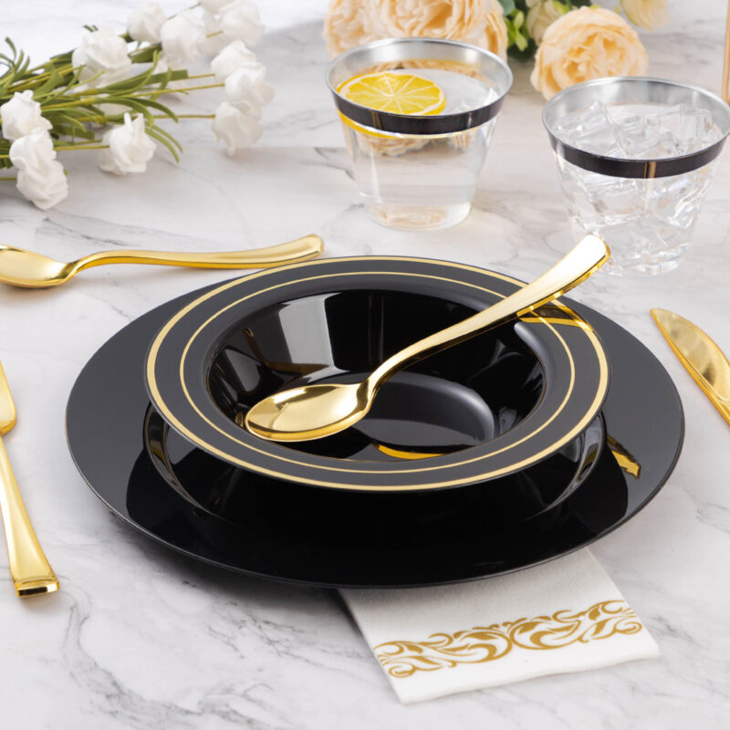 12oz Black Plastic Soup Bowls with Gold Rim 5