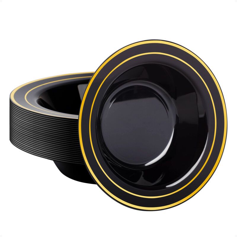 12oz Black Plastic Soup Bowls with Gold Rim