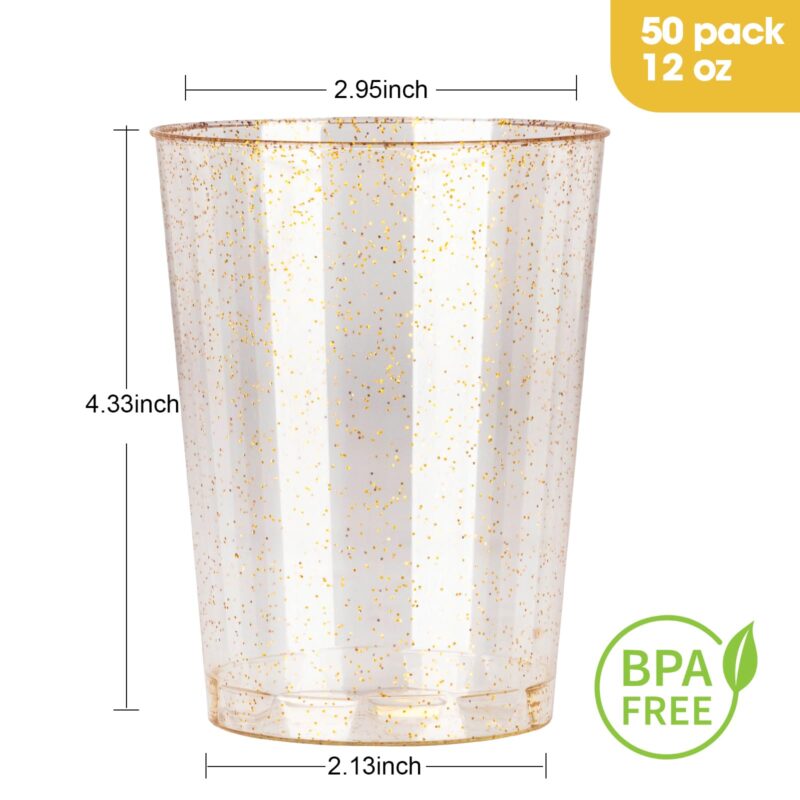 12oz Disposable Gold Glitter Plastic Cups SET