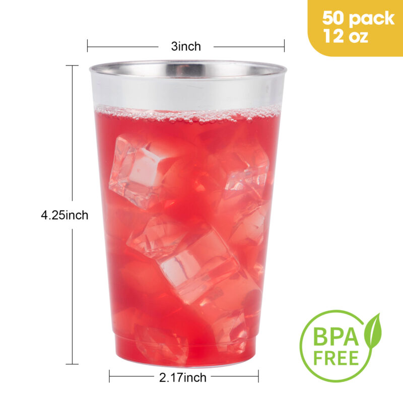 12oz Disposable Plastic Cups with Silver Rim set