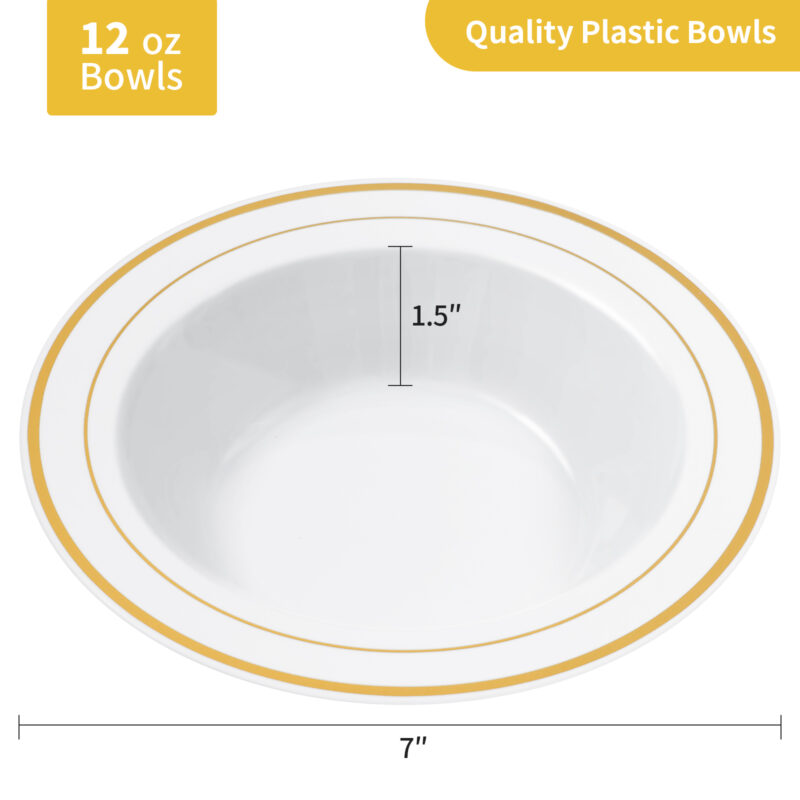 12oz White Plastic Soup Bowls with Gold Rim - Image 2