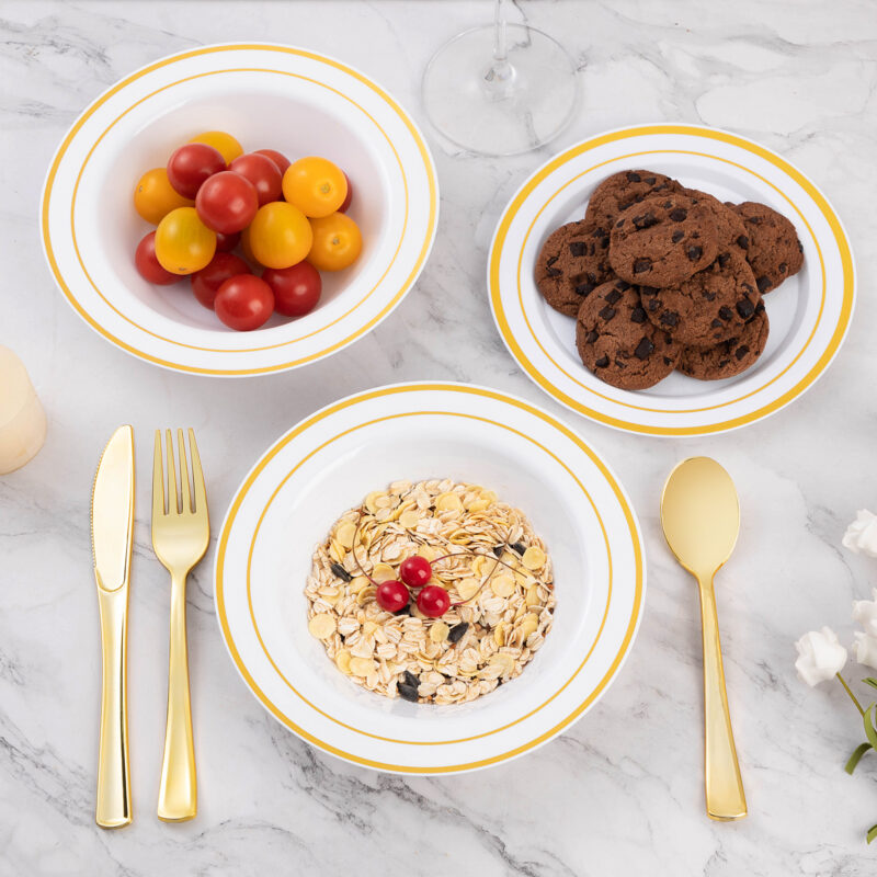 12oz White Plastic Soup Bowls with Gold Rim 2