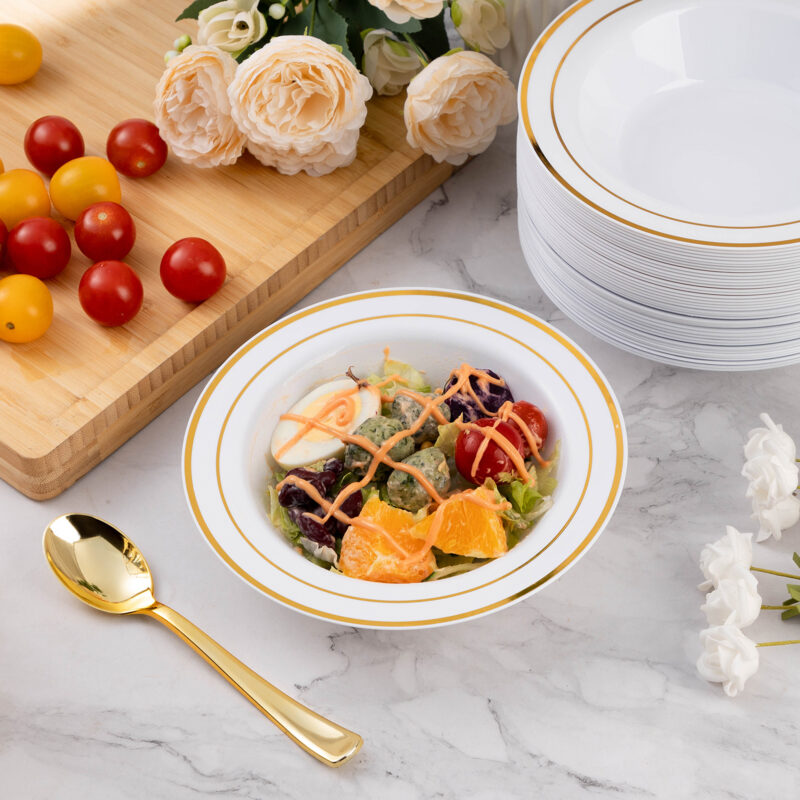 12oz White Plastic Soup Bowls with Gold Rim 3