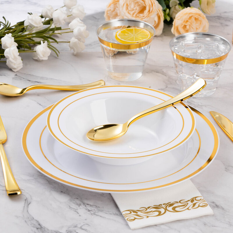 12oz White Plastic Soup Bowls with Gold Rim 5