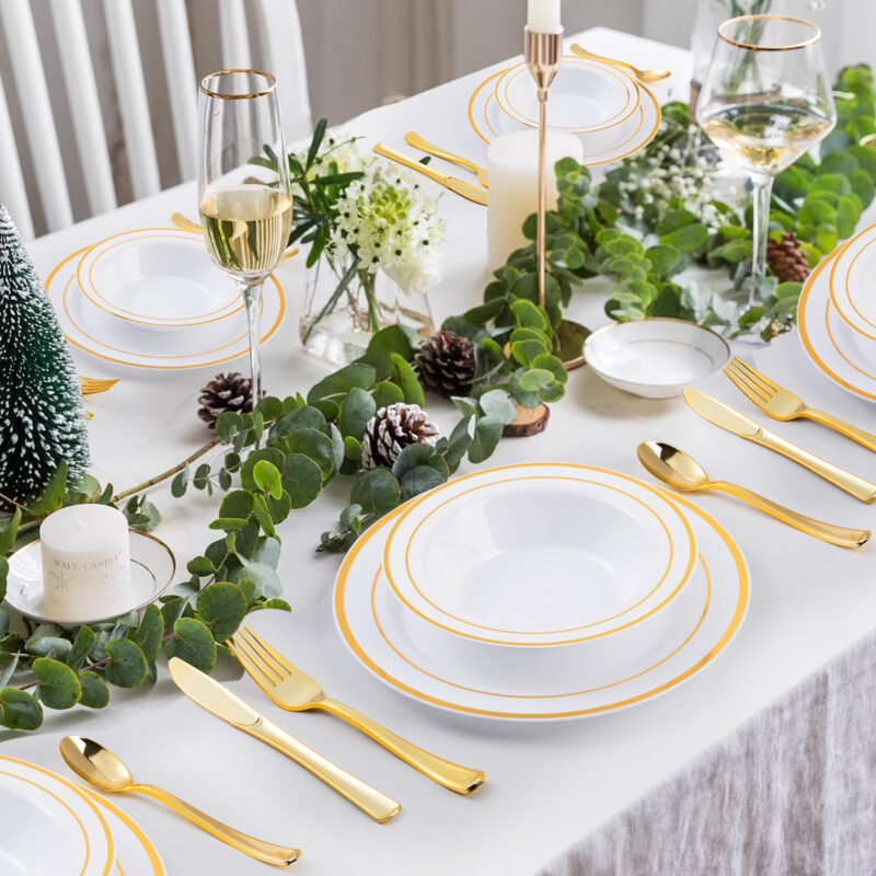 12oz White Plastic Soup Bowls with Gold Rim 6
