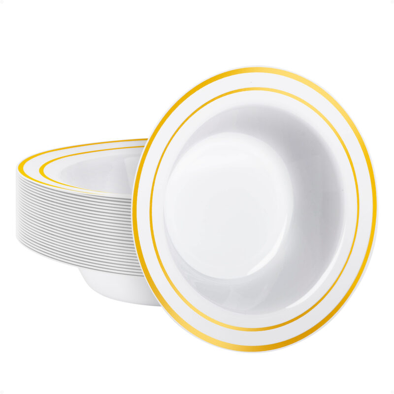 12oz White Plastic Soup Bowls with Gold Rim