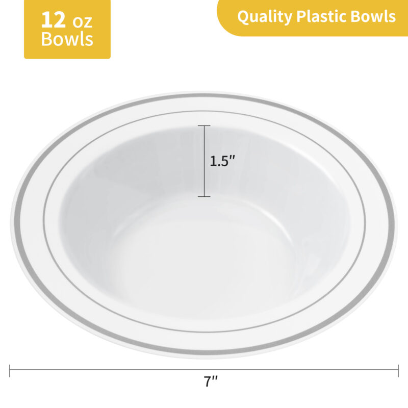 12oz White Plastic Soup Bowls with Silver Rim 1
