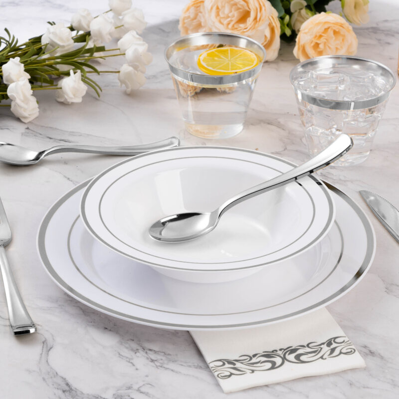 12oz White Plastic Soup Bowls with Silver Rim 5