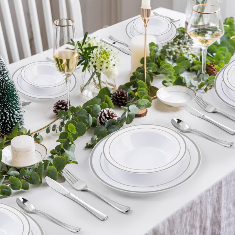 12oz White Plastic Soup Bowls with Silver Rim 6