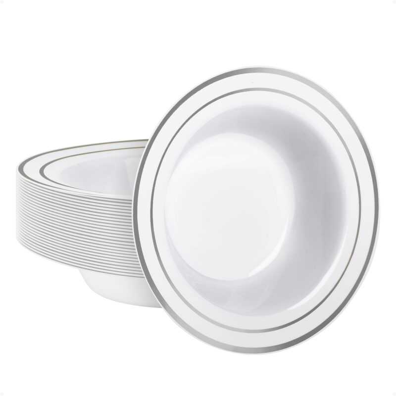 12oz White Plastic Soup Bowls with Silver Rim