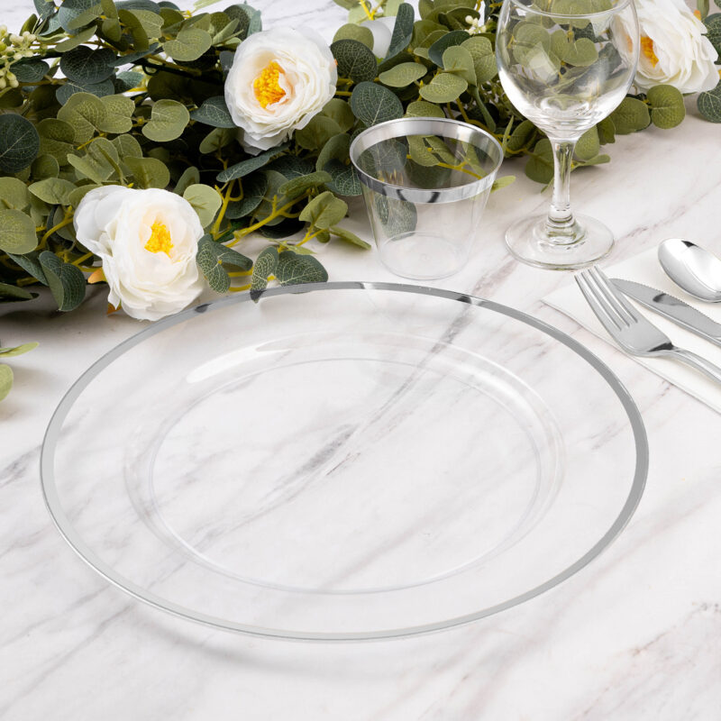 12″ Clear Plastic Charger Plates with Silver Rim 2