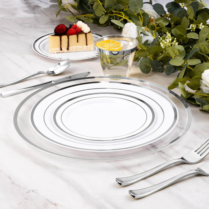 12″ Clear Plastic Charger Plates with Silver Rim 3