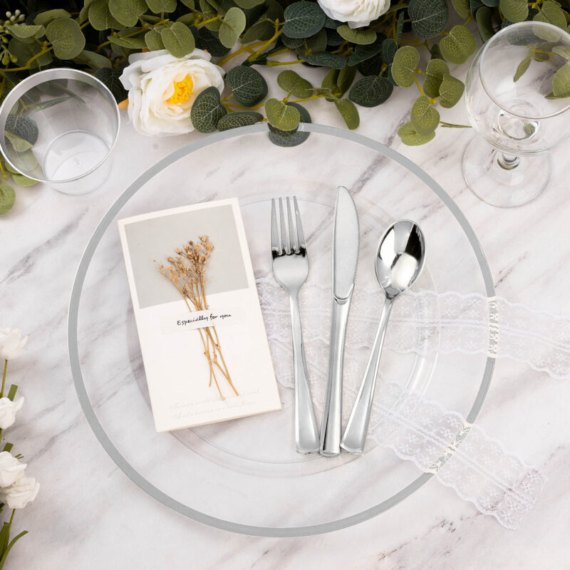 12″ Clear Plastic Charger Plates with Silver Rim 4