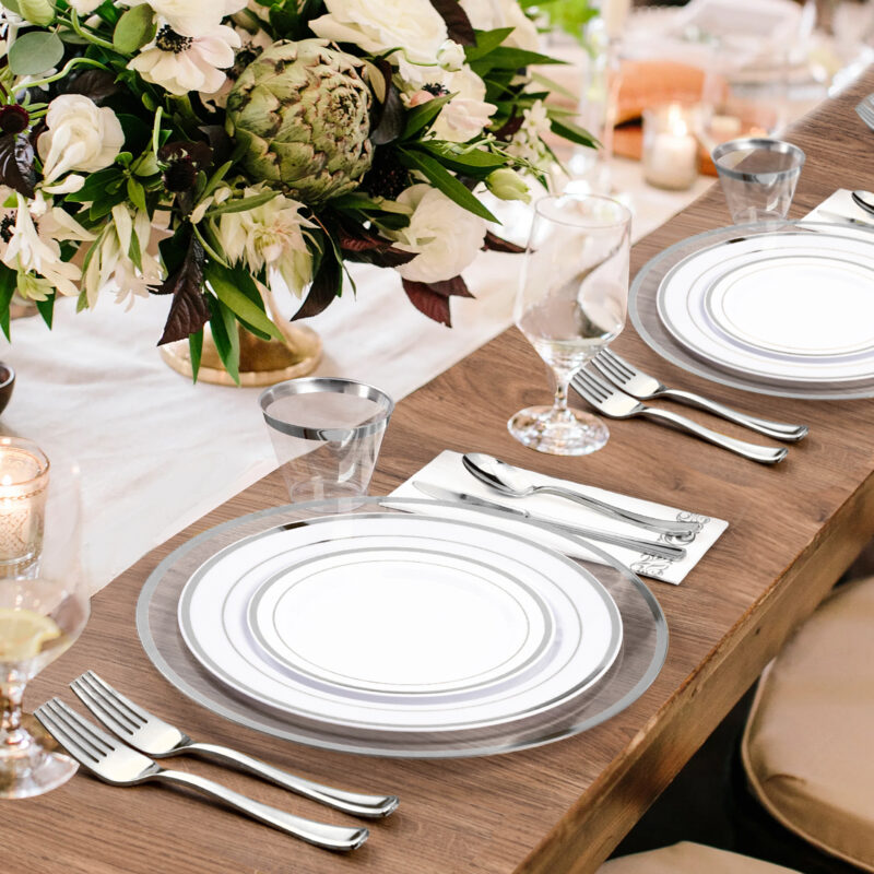 12″ Clear Plastic Charger Plates with Silver Rim - Image 6