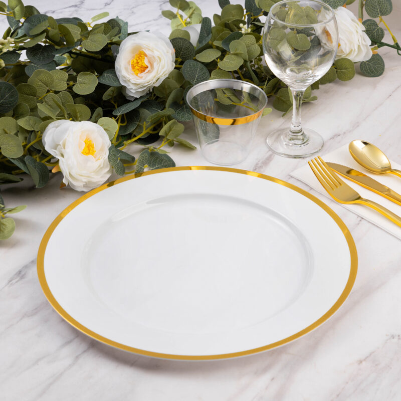 12″ White Charger Plates with Gold Trim 1