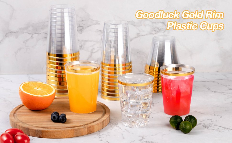 14oz Plastic Cups With Gold Rim - Good Luck Party