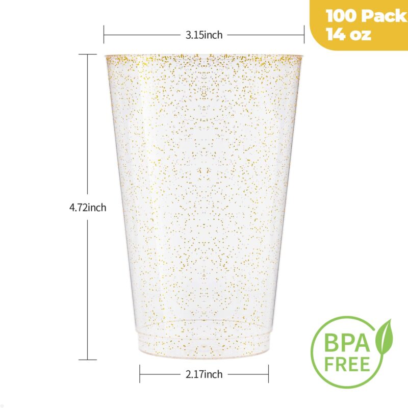 14oz Gold Glitter Plastic cups Dimension Drawing