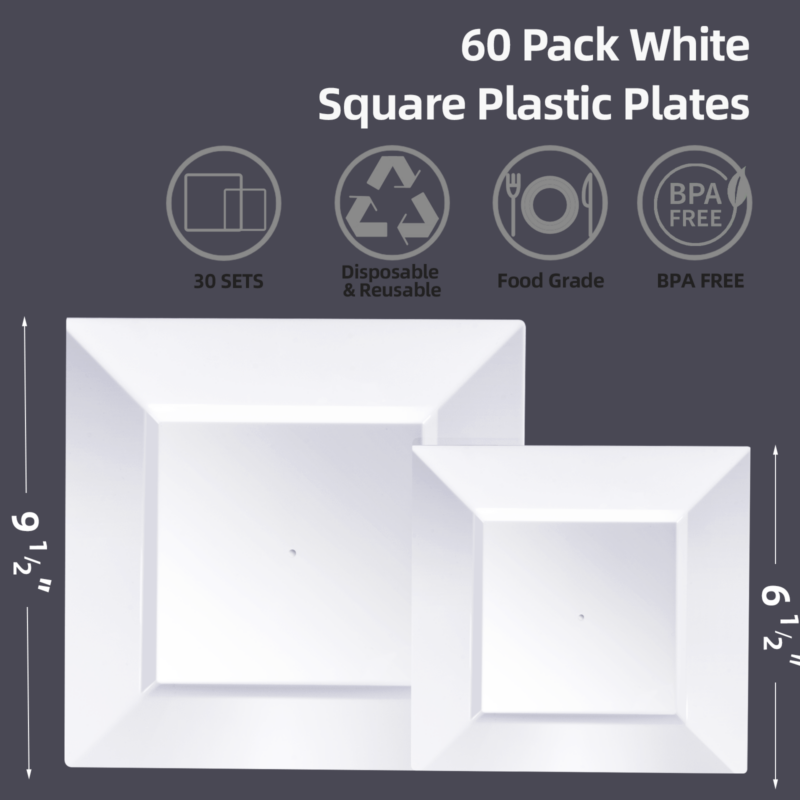 9.5 & 6.5 White Square Plastic Plates Sets 4