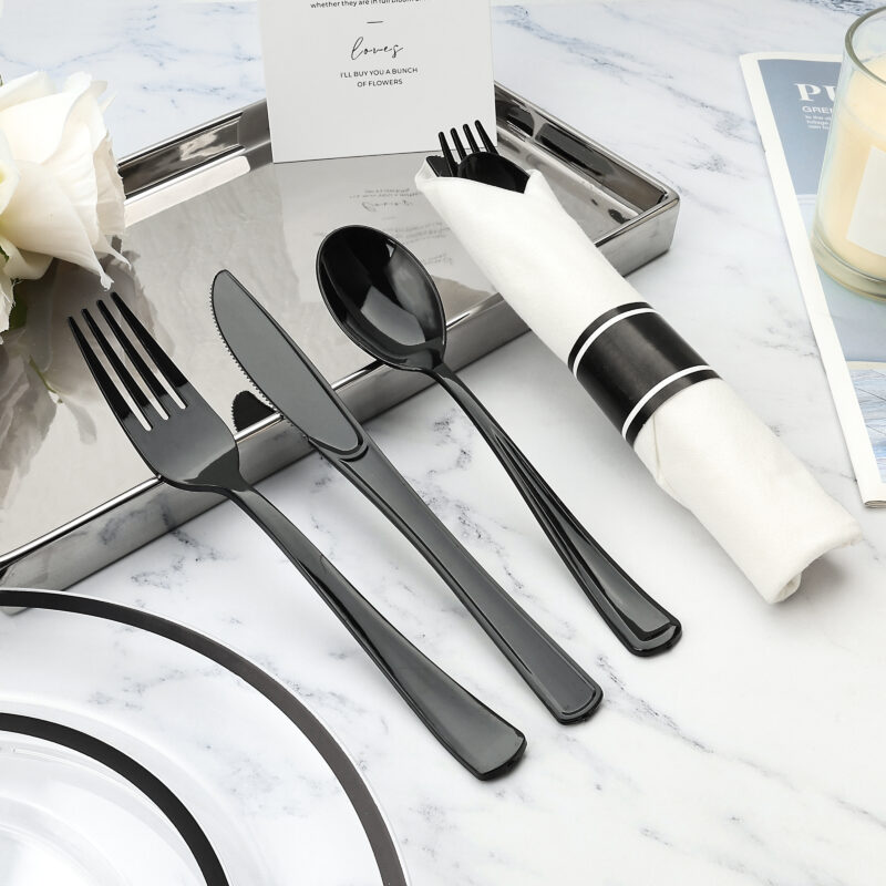 Black Rolled Plastic Cutlery Sets 2