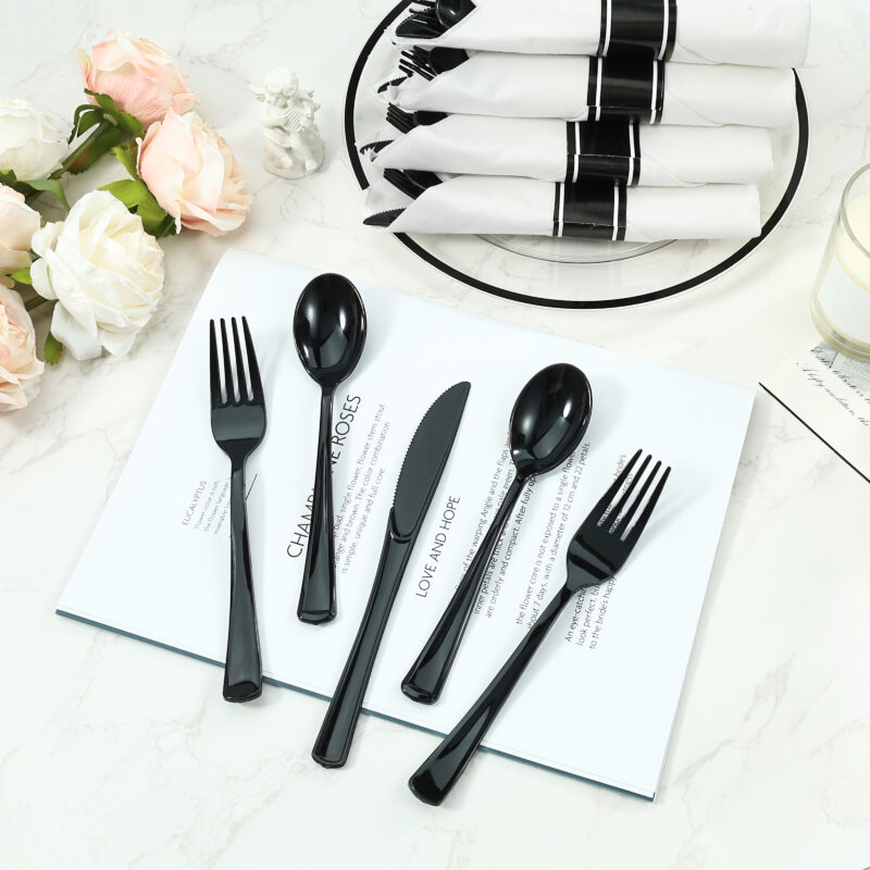Black Rolled Plastic Cutlery Sets 4