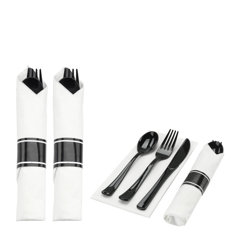 Black Rolled Plastic Cutlery Sets