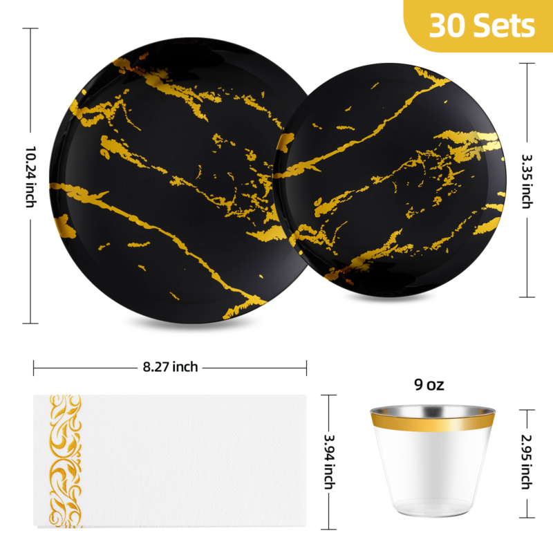 Disposable Black and Gold Marble Plastic Dinnerware Sets 1