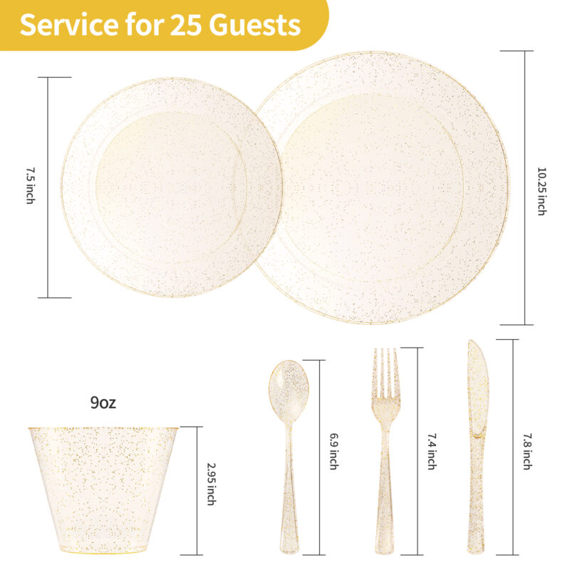 Disposable Clear Gold Glitter Plastic Dinnerware Sets 1