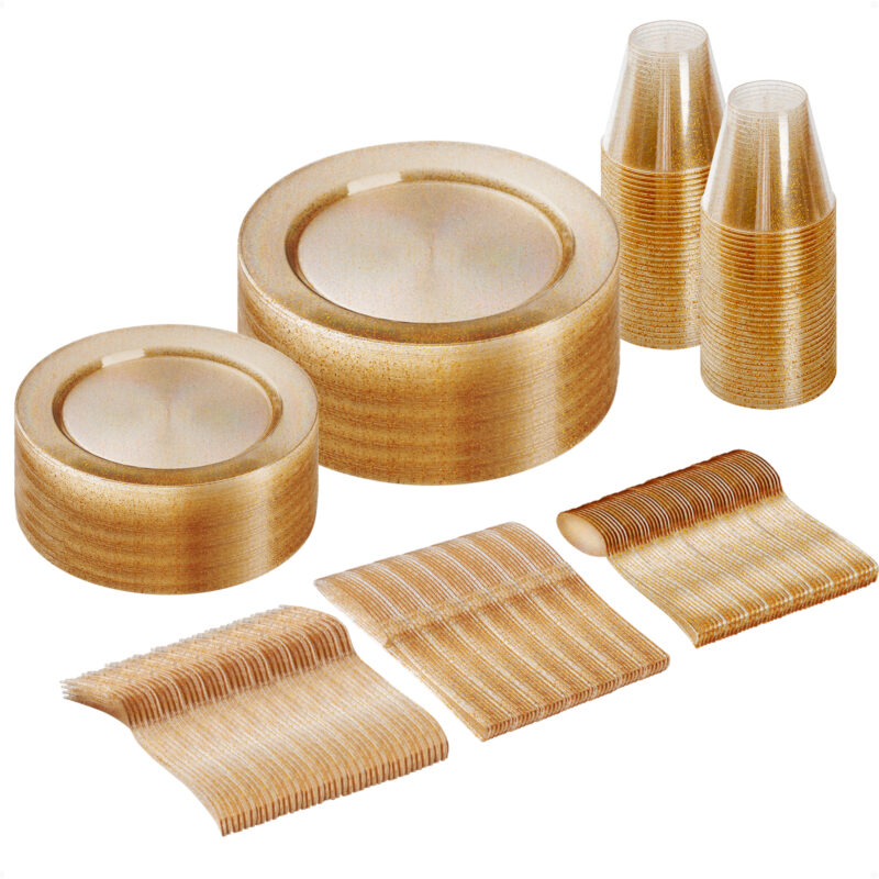 Disposable Clear Gold Glitter Plastic Dinnerware Sets
