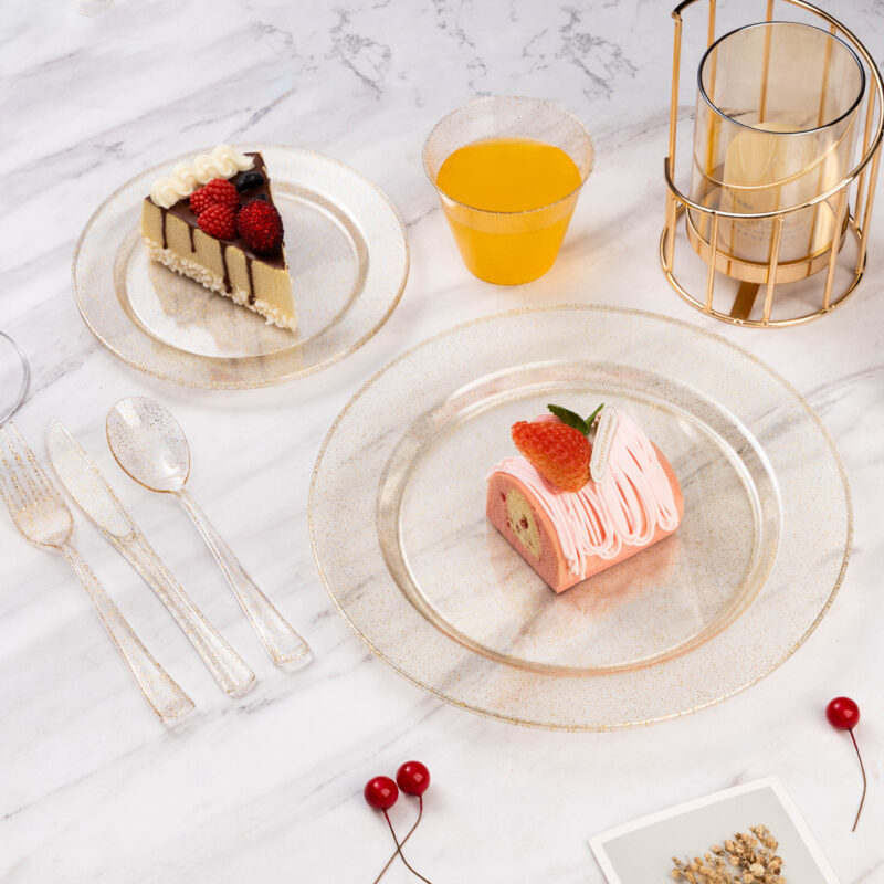 Disposable Clear Gold Glitter Plastic Dinnerware Sets3