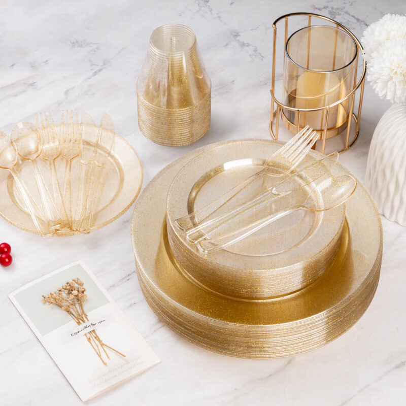 Disposable Clear Gold Glitter Plastic Dinnerware Sets4