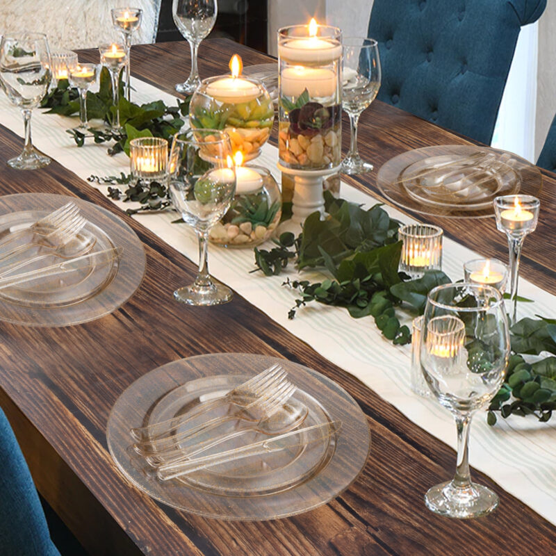 Disposable Clear Gold Glitter Plastic Dinnerware Sets5