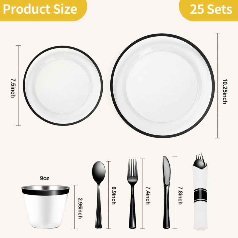 Disposable Clear and Black Plastic Dinnerware Sets with Napkins1