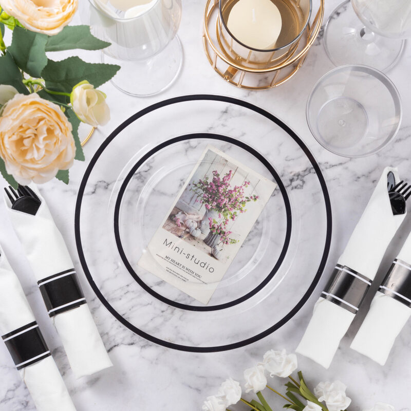 Disposable Clear and Black Plastic Dinnerware Sets with Napkins2