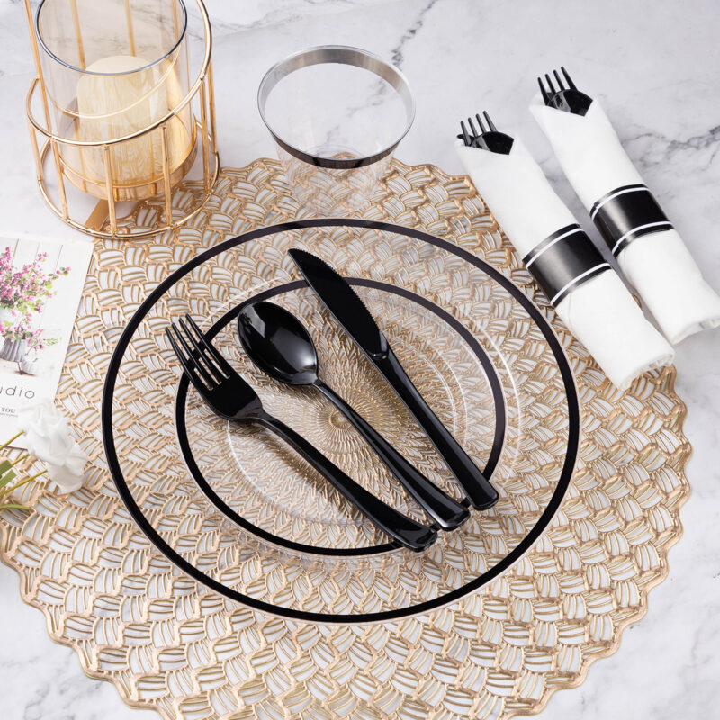 Disposable Clear and Black Plastic Dinnerware Sets with Napkins4