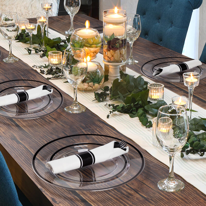 Disposable Clear and Black Plastic Dinnerware Sets with Napkins5