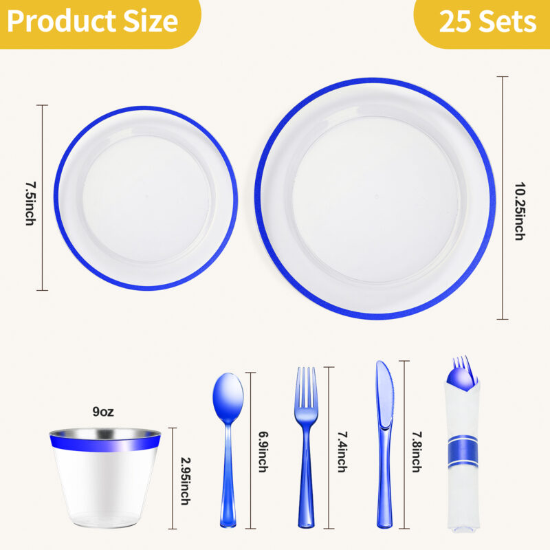Disposable Clear and Blue Plastic Dinnerware Sets with Napkins 1