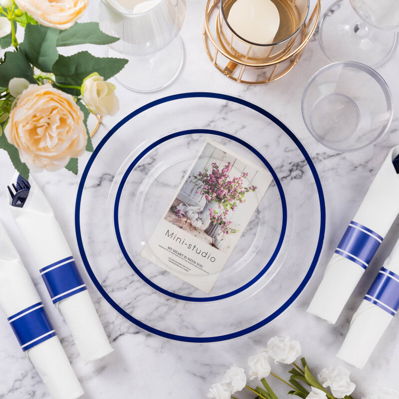 Disposable Clear and Blue Plastic Dinnerware Sets with Napkins 2
