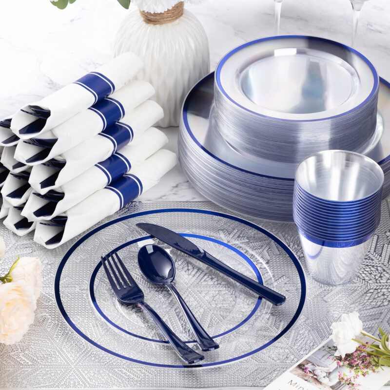 Disposable Clear and Blue Plastic Dinnerware Sets with Napkins 3