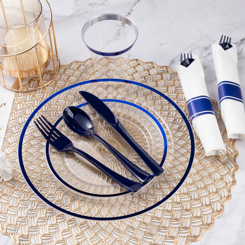 Disposable Clear and Blue Plastic Dinnerware Sets with Napkins 4