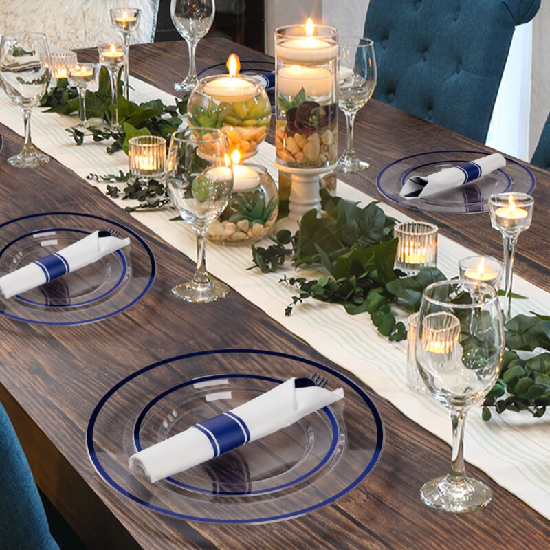 Disposable Clear and Blue Plastic Dinnerware Sets with Napkins 5