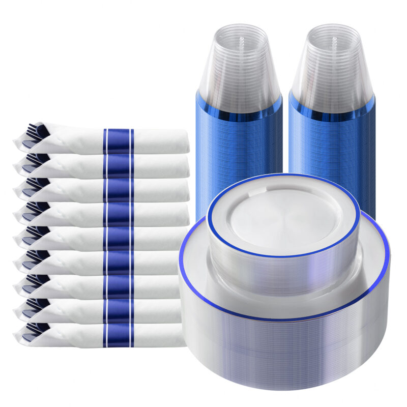 10.25"& 7.5" Clear and Blue Plastic Dinnerware Sets with Napkins