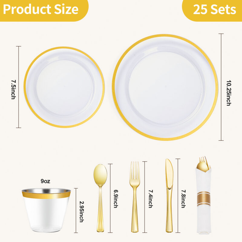 Disposable Clear and Gold Plastic Dinnerware Sets with Napkins1